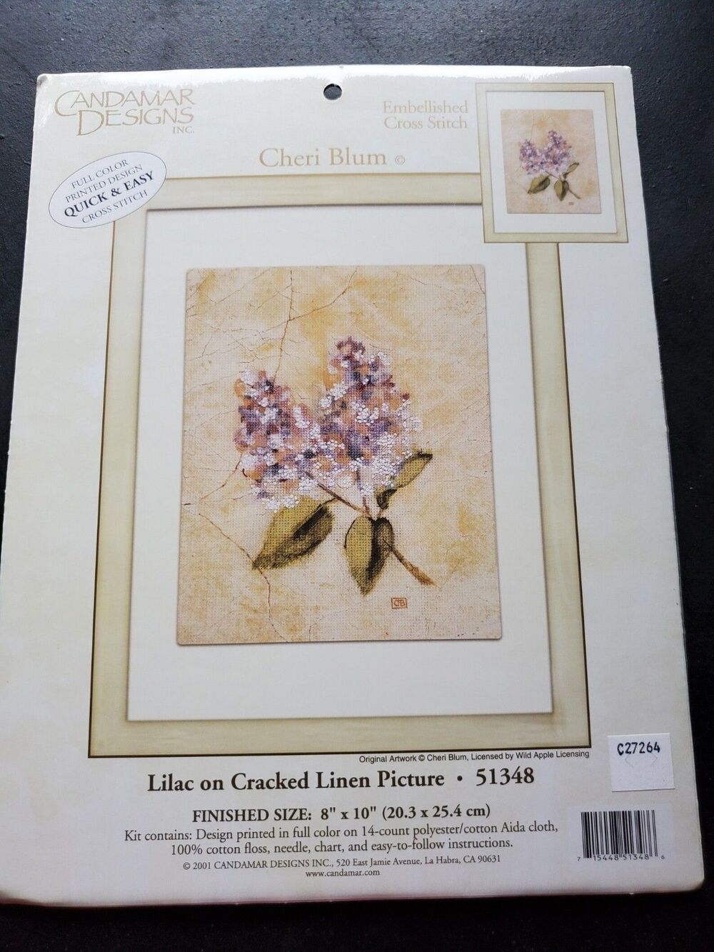 Candamar Designs Cross Stitch Kit LILAC On CRACKED LINEN Cheri Blum #51348